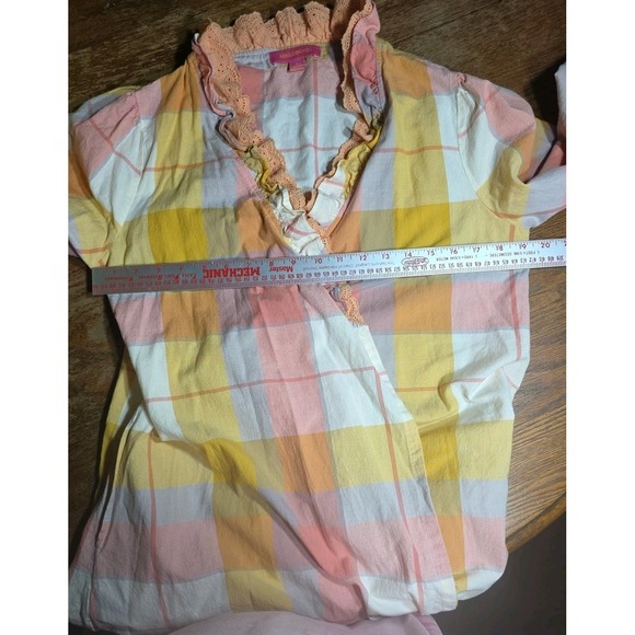 April Cornell Print Dress Small Cottagecore Beautiful Plaid Wrap Dress Lace Trim - Picture 8 of 10